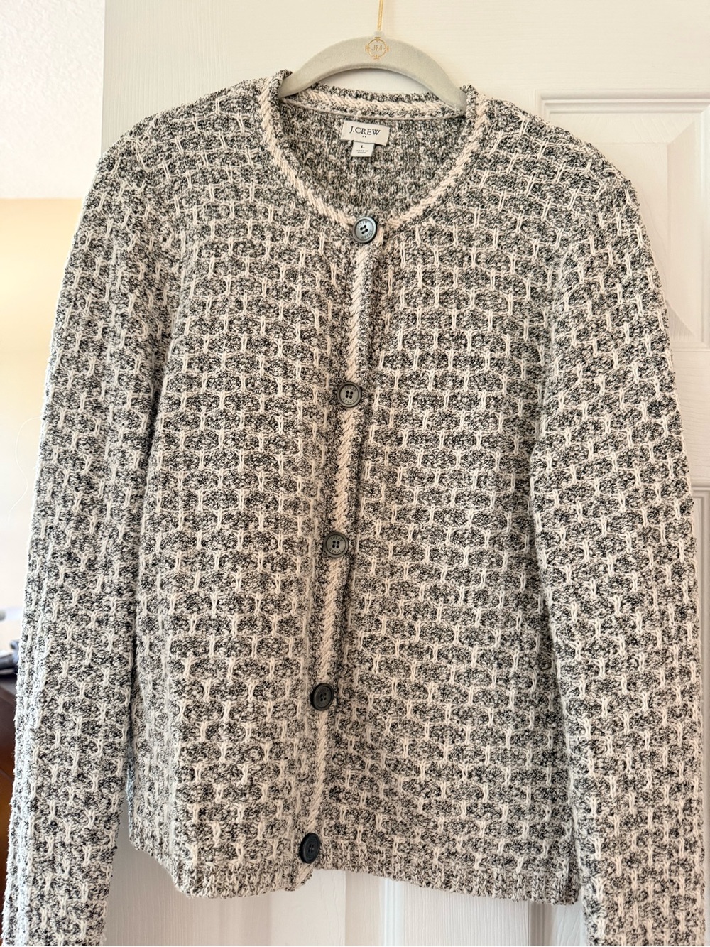 J. Crew Cream and Gray Textured Knit Button Cardigan